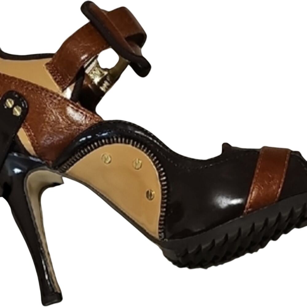 Retro Brown and Tan Edgy Heels with Adjustable Strap and High Heel Lug Sole 10